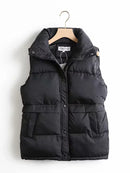 2022 Autumn Winter Women Solid Loose Vest Drawstring Stand Collar Long Vest Jacket Cotton Padded Women Windproof Warm Waistcoat