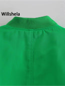 Willshela Women Fashion Oversized Bomber Jackets Coat With Pockets Front Zipper Vintage O-Neck Long Sleeves Female Chic Outwears