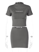 Hugcitar Letter Print Solid Turtleneck Short Sleeves Crop Top Skirts 2 Pcs Set Sexy Slim Summer Fashion Outfit Streetwear Sports