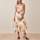 Dresses For Women 2022 Elegant Vintage Floral Dress Frill Sweetheart Neck Sleeveless Strap Tie Ruffle Hem Summer Beach Dress