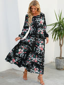 Women Elegant Floral Printed Long Dresses Spring Summer Casual O Neck Long Sleeve Ladies Chic High Waist A Line Beach Dresses