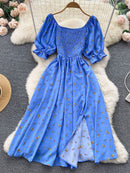 YuooMuoo Limited Big Sale Women Dress Fashion Romantic Floral Print Split Long Summer Dress Puff Sleeve Party Korean Vestidos