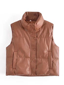 Womens Puffy Vest Down Vest Black Pu Leather Vest Woman Jacket Coat Autumn Winter Outwear Puffer Vest Female Sleeveless Jacket