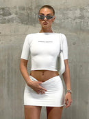 Hugcitar Letter Print Solid Turtleneck Short Sleeves Crop Top Skirts 2 Pcs Set Sexy Slim Summer Fashion Outfit Streetwear Sports