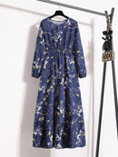 Women Elegant Floral Printed Long Dresses Spring Summer Casual O Neck Long Sleeve Ladies Chic High Waist A Line Beach Dresses