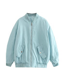 Willshela Women Fashion Oversized Bomber Jackets Coat With Pockets Front Zipper Vintage O-Neck Long Sleeves Female Chic Outwears
