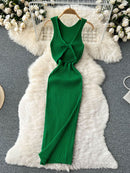 ALPHALMODA 2021 Summer Hollow Out Twisted Back Sleeveless High Slit Sexy Women Knitted Dress Solid Color Feminine Mid-calf Dress