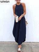 Printed Maxi Dresses VONDA Bohemian Sexy Sleeveless Sundress Women Causal Halter Summer Beach Dress Asymmetric Long Dresses