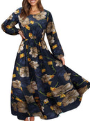 Women Elegant Floral Printed Long Dresses Spring Summer Casual O Neck Long Sleeve Ladies Chic High Waist A Line Beach Dresses