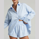 Women Casual Tracksuit Shorts Set Summer Long Sleeve Shirt Tops And Mini Drawstring Shorts Suit Lounge Wear Two Piece Set