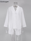 Sumuyoo Summer White 100% Cotton Shorts Suits Women 2022 Long Sleeve Casual Top Sets Wide Leg Shorts Sets 2 Pieces Outfits
