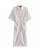 TRAF Women Chic Fashion Button-up Draped Midi Shirt Dress Vintage Short Sleeve Side Zipper Female Dresses Vestidos