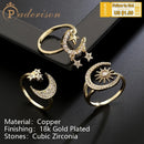 Fashion Classic Sun Moon Star Rhinestone Rings For Women Open Adjustable Zircon Copper 18K Gold-Plating Geometric Rings
