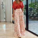 Wefads Womens Two Piece Sets Sexy Mid Sleeve Shirt Elgant Floral Print Wide Leg Pant High Streetwear