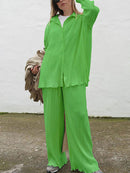 Ladies Shirt Suits Pleated Notched Single-Breasted Female Cardigan Two-Piece Loose Shirts and High-Waist Wide-Leg Pants Sets