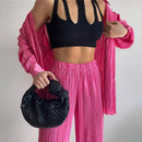Ladies Shirt Suits Pleated Notched Single-Breasted Female Cardigan Two-Piece Loose Shirts and High-Waist Wide-Leg Pants Sets