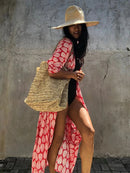 Fitshinling Summer Vintage Kimono Swimwear Halo Dyeing Beach Cover Up With Sashes Oversized Long Cardigan Holiday Sexy Covers