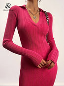 SINGREINY Women Korean Knitted Dress Long Sleeve V Neck Elastic Slim Pencil Dresses 2021 Autumn Sexy Bodycon Split Sweater Dress