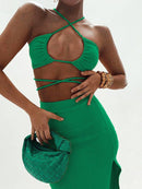 Cryptographic Bandage Cut Out Sexy Halter Neck Top and Skirts Set Gathered Elegant Club 2022 Summer Outfits Split Two Piece Set