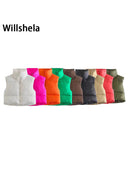 Willshela Women Fashion High Neck Cropped Waistcoat Puff Vest Casual Woman Sleeveless Jacket Chic Lady Winter Warm Outfits