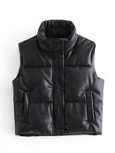 Womens Puffy Vest Down Vest Black Pu Leather Vest Woman Jacket Coat Autumn Winter Outwear Puffer Vest Female Sleeveless Jacket