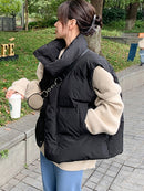 Women Thick Down Cotton Vest Winter Autumn Solid Puffer Waistcoat for Female Stand Collar Loose Sleeveless Vest Jacket Coat