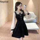 Neploe Vintage Velvet Black Dress Stand Neck Lantern Sleeve Party Robe High Waist Slim Vestidos Korean Elegant Dresses Women