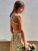 Women Elegant Print Backless Dress 2022 Summer Boho Long Sleeve Floral Hollow Out Dress Casual Loose Beach Vacation Lady Dresses