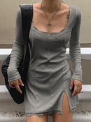 Darlingaga Square Neck Lace Patchwork Bodycon Black Dress Women Elegant Cotton Fashion Side Split Autumn Dress Mini Ladies Basic