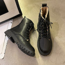 Pofulove Winter Boots Women Shoes Black Leather Boots Fur Ankle Booties Velvet Plush Warm Platform Shoes Fashion Designer Botas