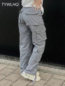 Vintage Cargo Pants Baggy Jeans Women Fashion 90s Streetwear Pockets Wide Leg High Waist Straight Y2k Denim Trousers Overalls