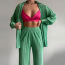Ladies Shirt Suits Pleated Notched Single-Breasted Female Cardigan Two-Piece Loose Shirts and High-Waist Wide-Leg Pants Sets