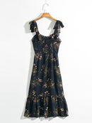 Dresses For Women 2022 Elegant Vintage Floral Dress Frill Sweetheart Neck Sleeveless Strap Tie Ruffle Hem Summer Beach Dress