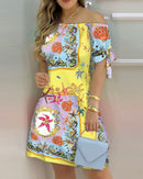 Women Off Shoulder Mini Dress Summer Sexy Short Sleeve Bow Tie Striped Floral Print Dresses Fashion Casual Loose Dress Vestidos