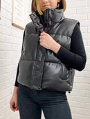 Elina Black Stand Collar Vests Women Fashion Zipper PU Leather Coats Women Elegant Autumn Winter Short Vests Female Ladies IAC