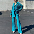 Ladies Shirt Suits Pleated Notched Single-Breasted Female Cardigan Two-Piece Loose Shirts and High-Waist Wide-Leg Pants Sets