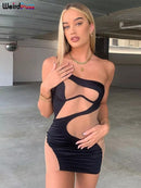 Weird Puss Beach Style Women Bikini 2 Piece Set Sexy Mesh Patchwork One Shoulder Bra Top+Bandage Briefs Vacation Trend Clubwear