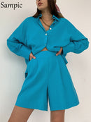 Sampic Women Blue Suit 2022 Casual Loose Long Sleeve Shirt Summer Tops And Mini Shorts Fashion Tracksuit Two Piece Set Outfits