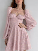 NewAsia Floral Dress Women Lantern Long Sleeve Ruched Print A Line Square Neck Tie up Mini Vestidos Sexy Chic Summer Beach Dress