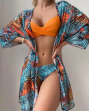Floral Twist Low Waist Bikini Set Cover Up Swimsuit For Women Push Up Long Sleeve Three Pieces Swimwear 2022 Beach Bathing Suits