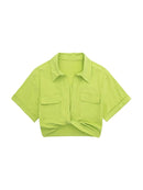 TRAF Women Fashion Front Knot Elastic Linen Cropped Shirts Vintage Short Sleeve Patch Pockets Female Blouses Blusa Chic Tops