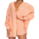 Cotton and Linen suit 2021 Women Solid Clothes Set Half Sleeve Lapel Neck Button-up Shirt+Irregular Hem Drawstring Shorts Sets