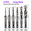 1-6pc M3 M4 M5 M6 M8 M10 Tap Drill Bits 1/4 Hex Shank Machine Hand Taps Titanium Coated HSS Drilling Tap Bits Thread Screw Tools