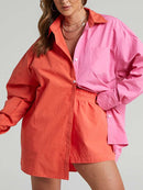 Women Casual Tracksuit Shorts Set Summer Long Sleeve Shirt Tops And Mini Drawstring Shorts Suit Lounge Wear Two Piece Set
