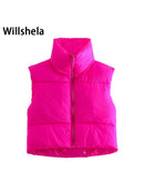 Willshela Women Fashion High Neck Cropped Waistcoat Puff Vest Casual Woman Sleeveless Jacket Chic Lady Winter Warm Outfits