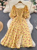 YuooMuoo Limited Big Sale Women Dress Fashion Romantic Floral Print Split Long Summer Dress Puff Sleeve Party Korean Vestidos
