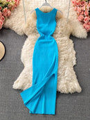 ALPHALMODA 2021 Summer Hollow Out Twisted Back Sleeveless High Slit Sexy Women Knitted Dress Solid Color Feminine Mid-calf Dress