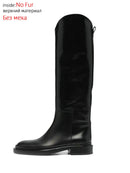 QUTAA 2023 Ins Brand Women Genuine Leather Knee High Boots Low Heel Motorcycle Warm Long Boots Woman Shoes Black Size 34-42
