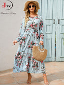 Women Elegant Floral Printed Long Dresses Spring Summer Casual O Neck Long Sleeve Ladies Chic High Waist A Line Beach Dresses