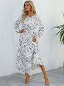 Women Elegant Floral Printed Long Dresses Spring Summer Casual O Neck Long Sleeve Ladies Chic High Waist A Line Beach Dresses